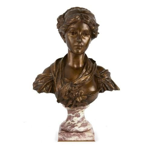 Patinated bronze antique bust of a young lady, after Greuze
