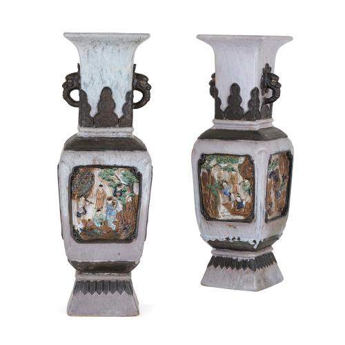 Pair of antique Chinese Qing period stoneware vases