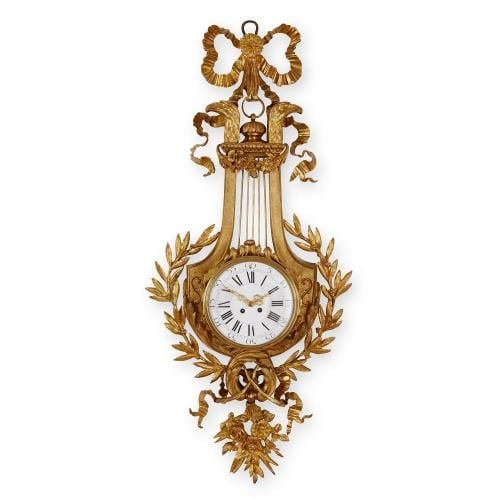 Louis XVI style lyre backplate ormolu cartel clock