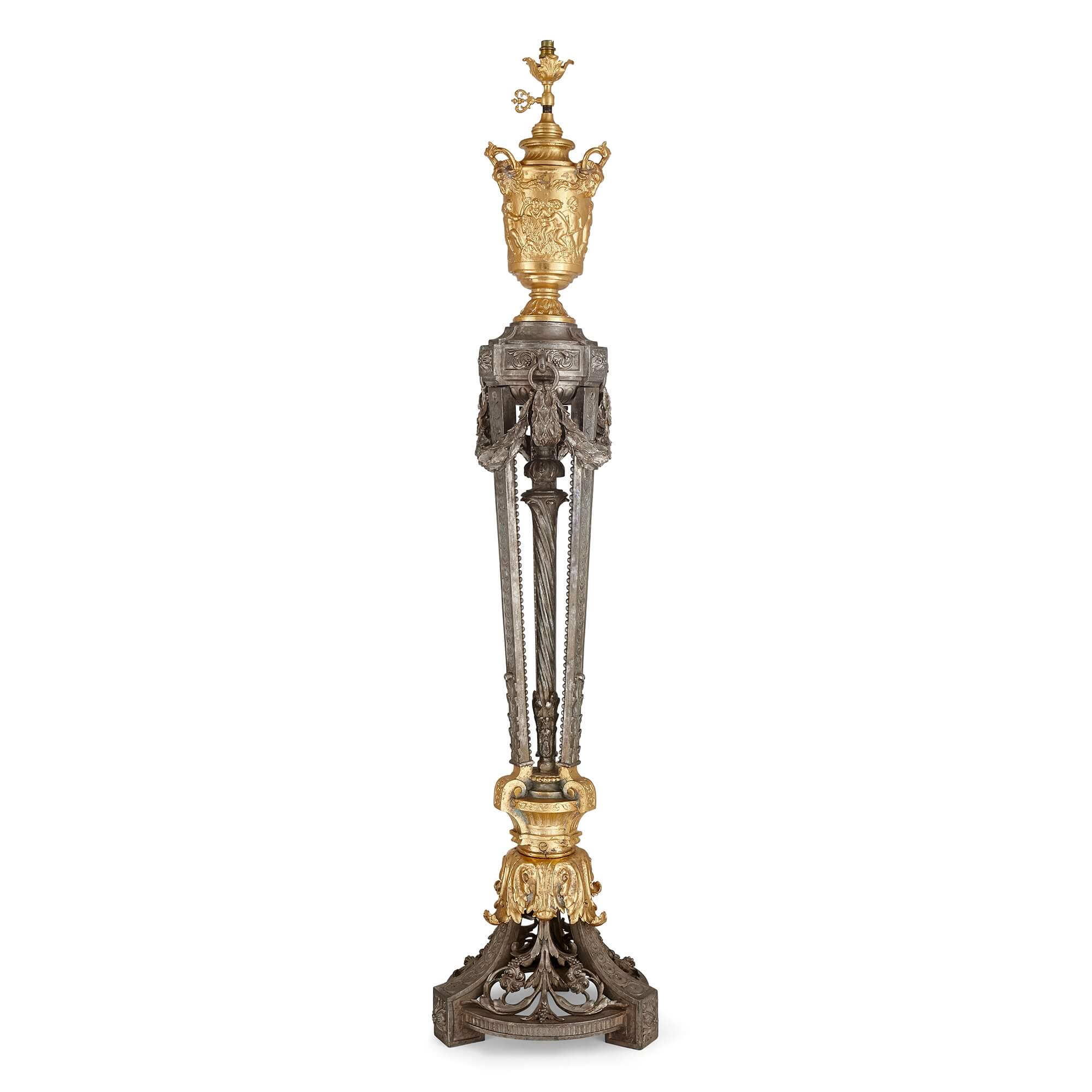 Pair of silvered and gilt cast iron antique floor lamps Mayfair