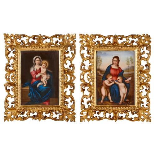Pair of Italian porcelain plaques with Renaissance-style Madonnas