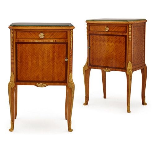 Pair of ormolu mounted marquetry bedside cabinets