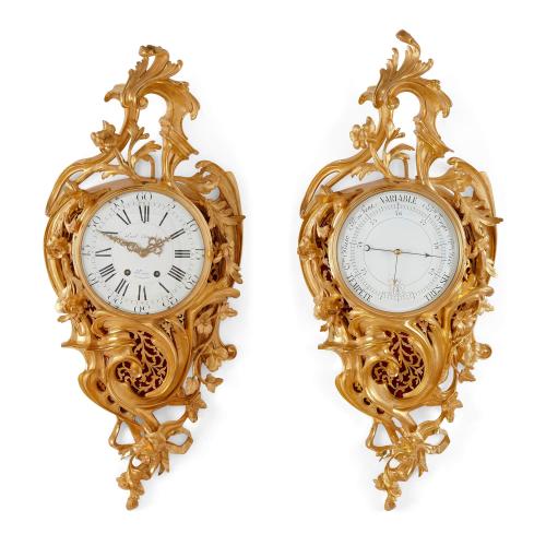 Gilt bronze French Rococo style clock and barometer set