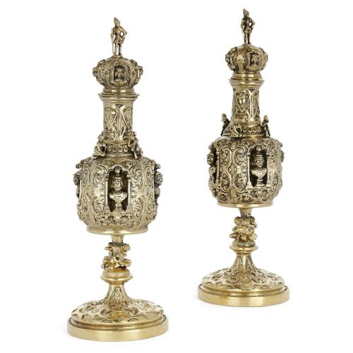 Pair of Renaissance style silver-gilt scent bottles