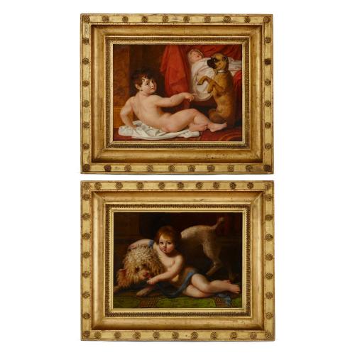 Pair of oil on panel antique paintings by Dubost