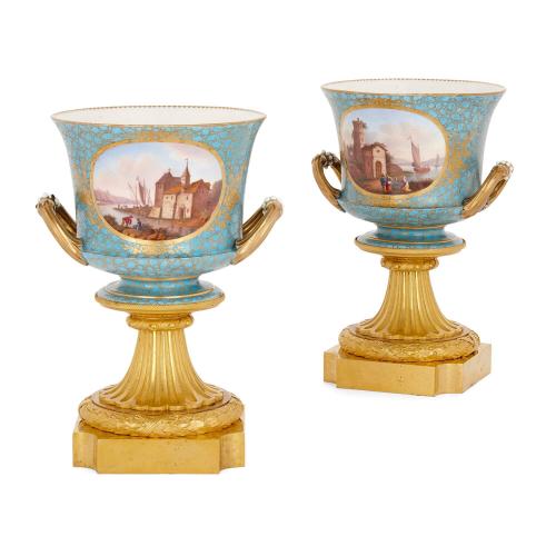 Pair of ormolu mounted Sèvres style porcelain vases