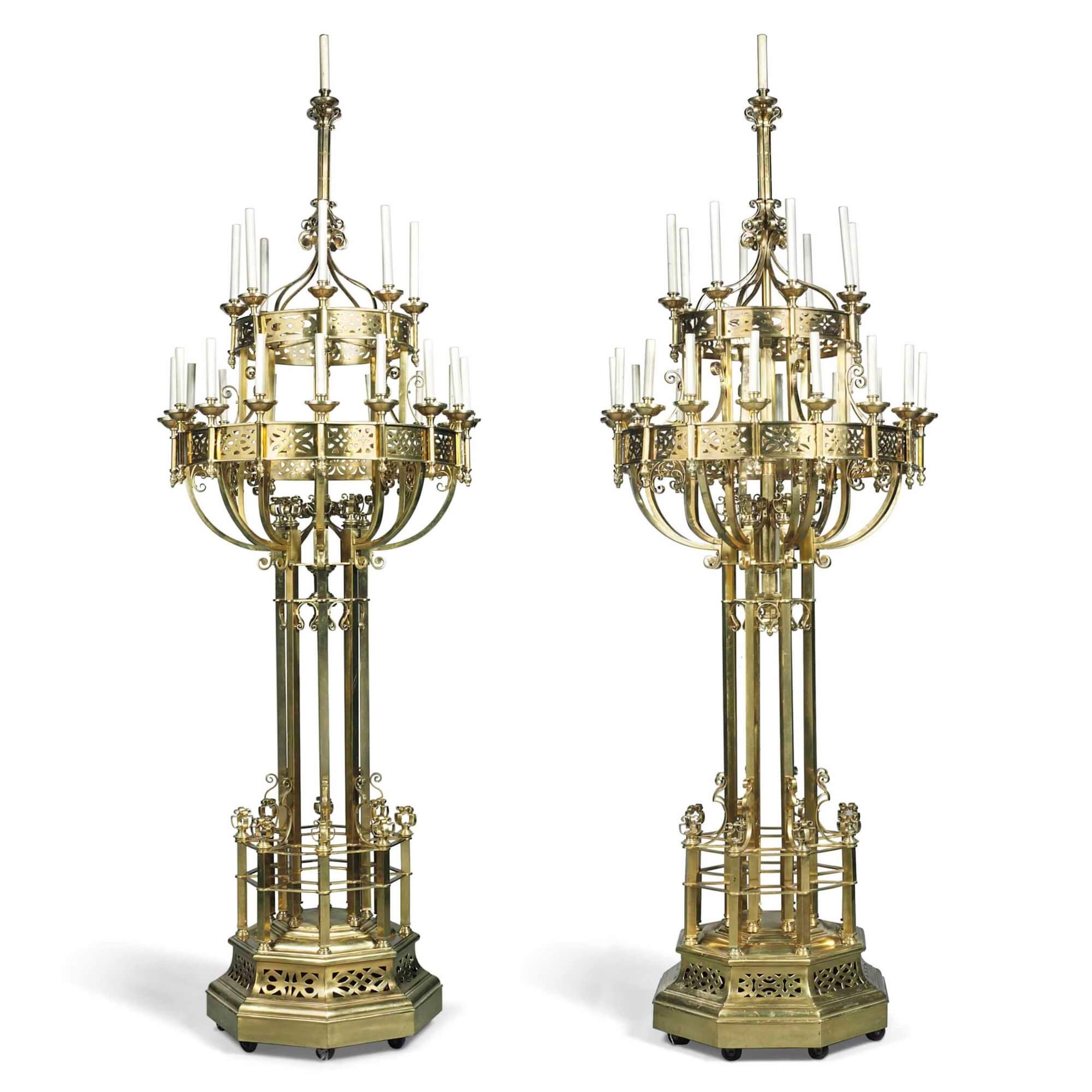 Pair of monumental Neo-Gothic style brass candelabra