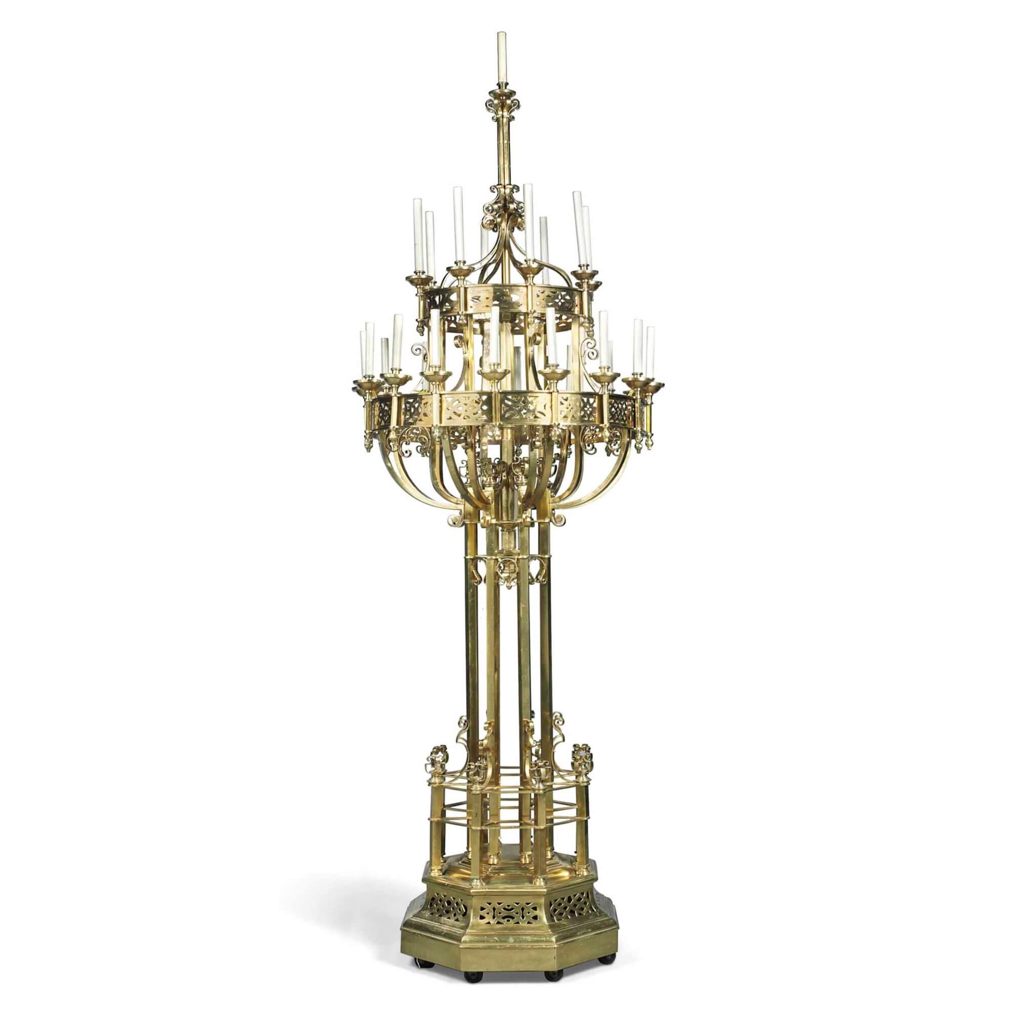 Pair of monumental Neo-Gothic style brass candelabra