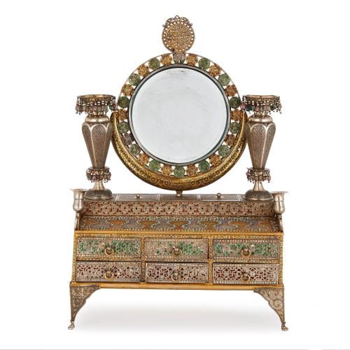Arabesque style enamelled silver marriage box for dressing table