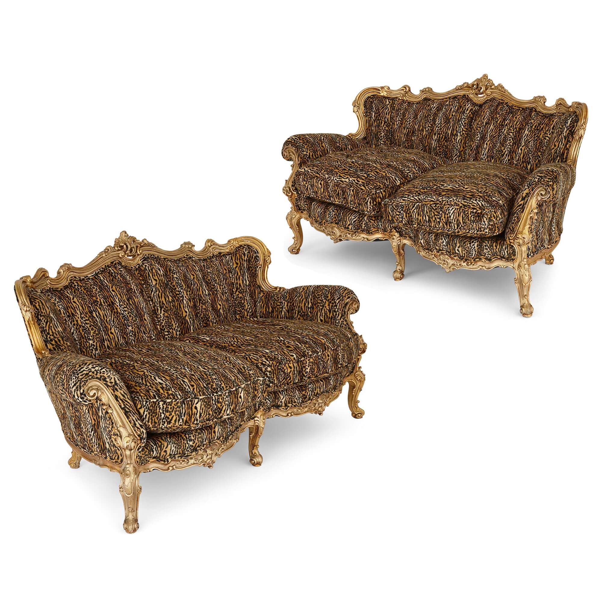 Pair of large French ornate antique giltwood sofas Mayfair Gallery