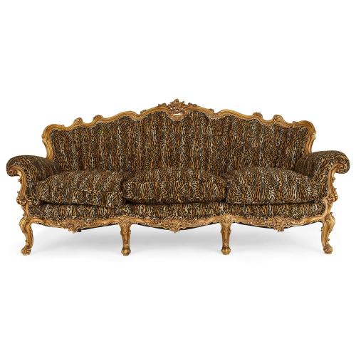 Large French ornate Rococo style antique giltwood sofa