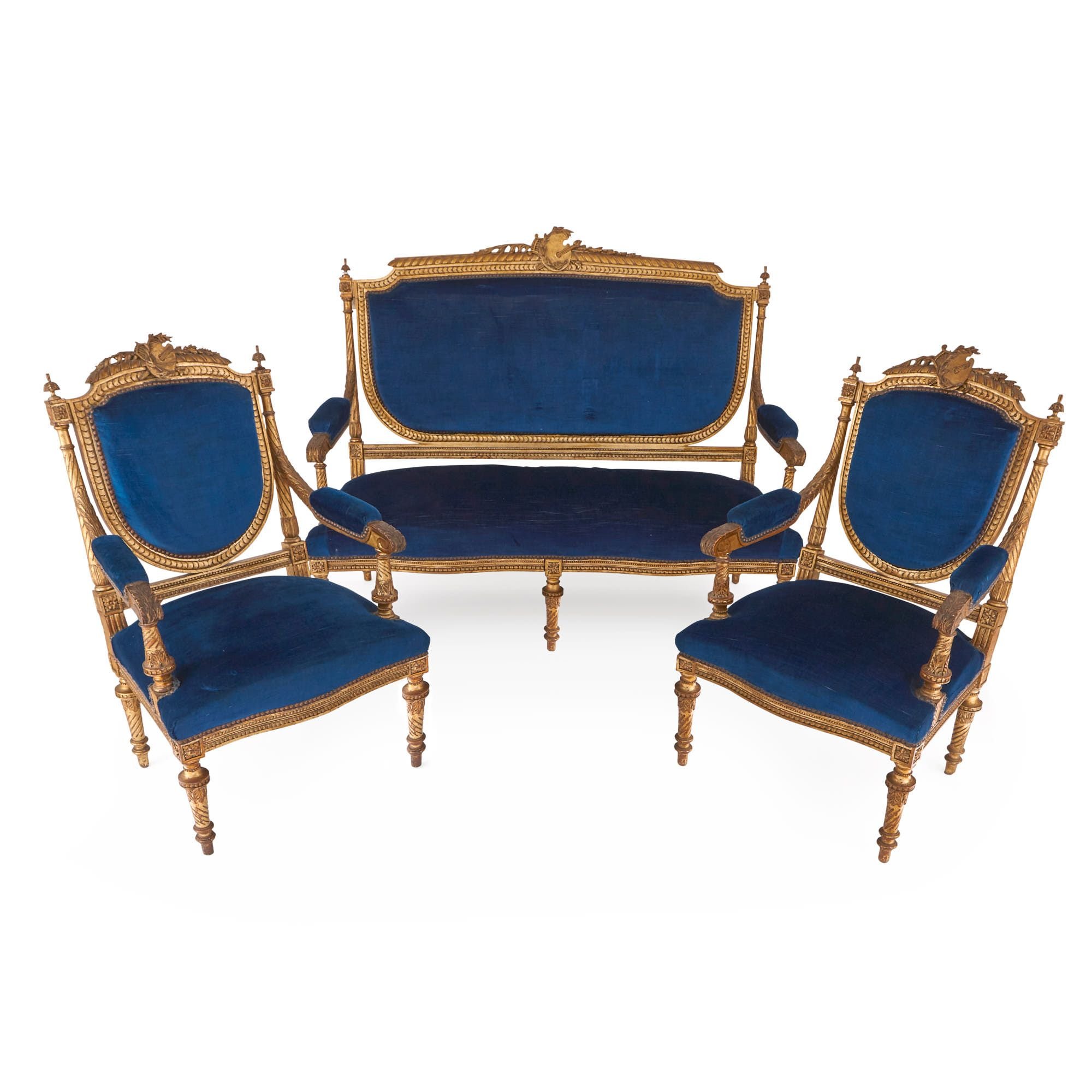 Louis XVI style blue upholstered giltwood furniture suite