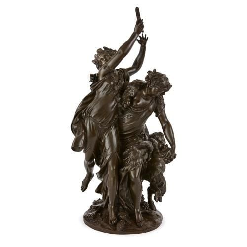 Antique patinated bronze Bacchanalia group after Clodion