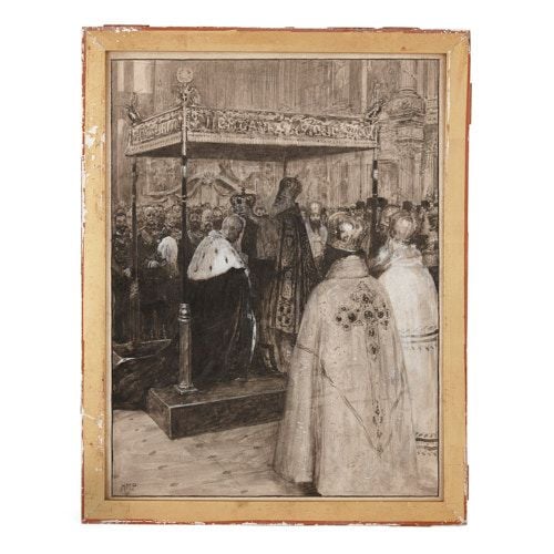 'Crowning of a Tzar', Russian grisaille watercolour painting