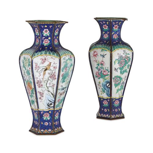 Antique Chinese pair of hexagonal painted enamel vases