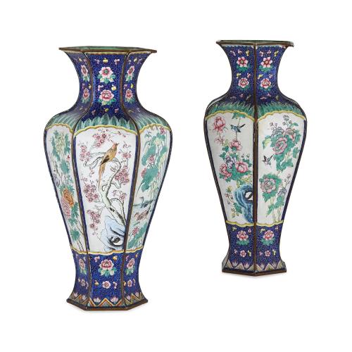 Antique Chinese pair of hexagonal painted enamel vases Mayfair Gallery