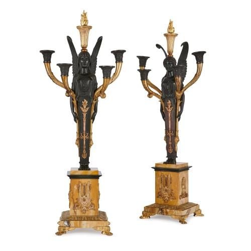 Pair of Empire style bronze and marble antique candelabra