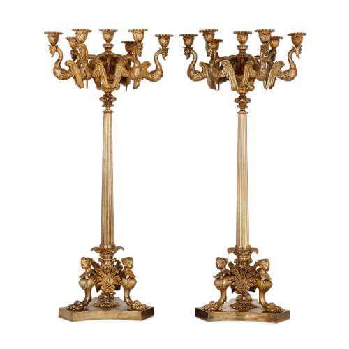Pair of seven-light antique French ormolu candelabra