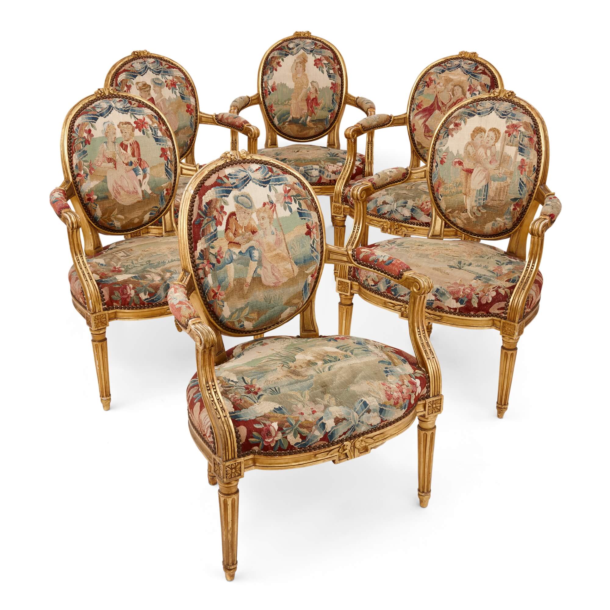 Set of six French Aubusson tapestry and giltwood chairs