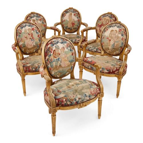 Set of six French Aubusson tapestry and giltwood chairs