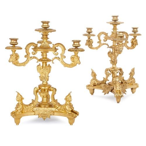 Pair of Louis XIV style ormolu candelabra after Boulle