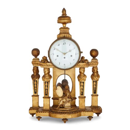 French Neoclassical giltwood antique mantel clock