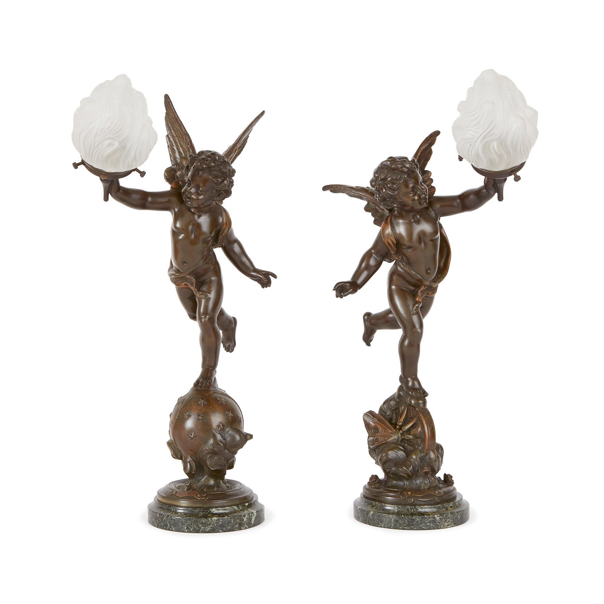 Pair Of French Antique Bronze Table Lamps With Cherubs Mayfair