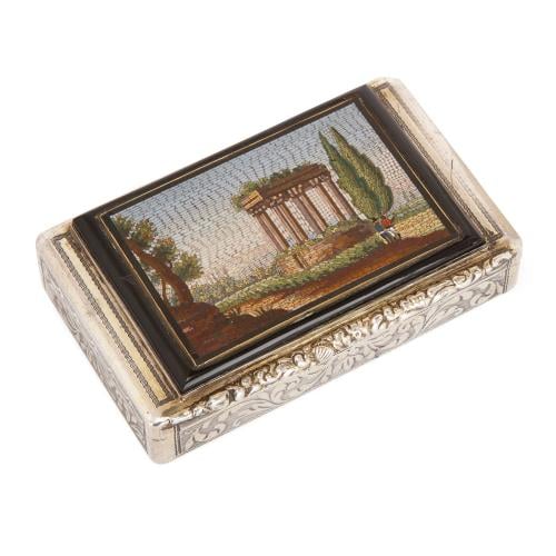 Antique micromosaic plaque set on a chased silver snuff box