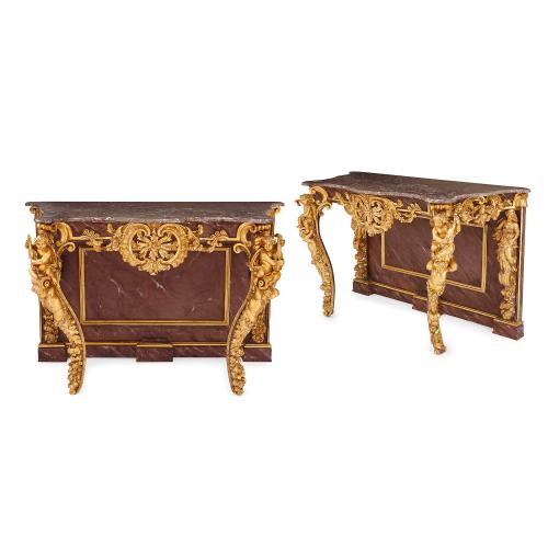Pair of Louis XV style antique giltwood console tables
