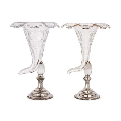 Pair of French silver-plated glass cornucopia vases