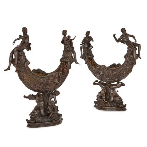 Pair of large Italian antique bronzed metal centrepieces