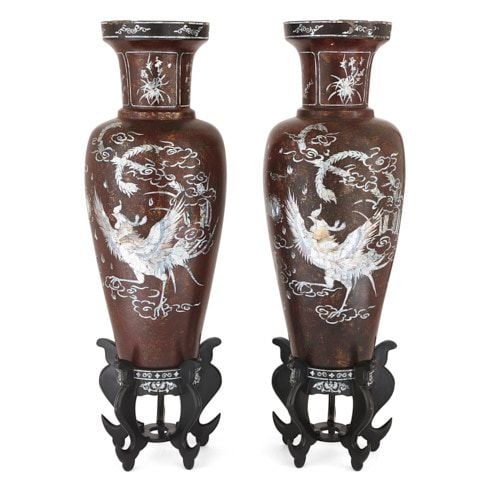 Pair of Chinese mother of pearl inlaid papier-mâché vases