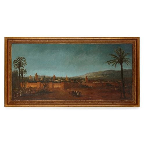 Antique Orientalist oil painting of the walled city of Fez
