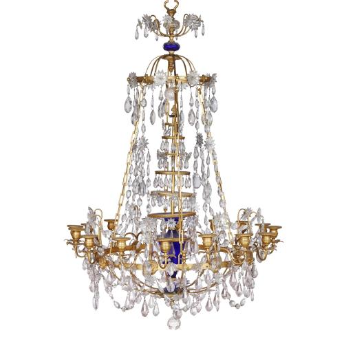 Antique Baltic gilt bronze, blue and amethyst glass chandelier