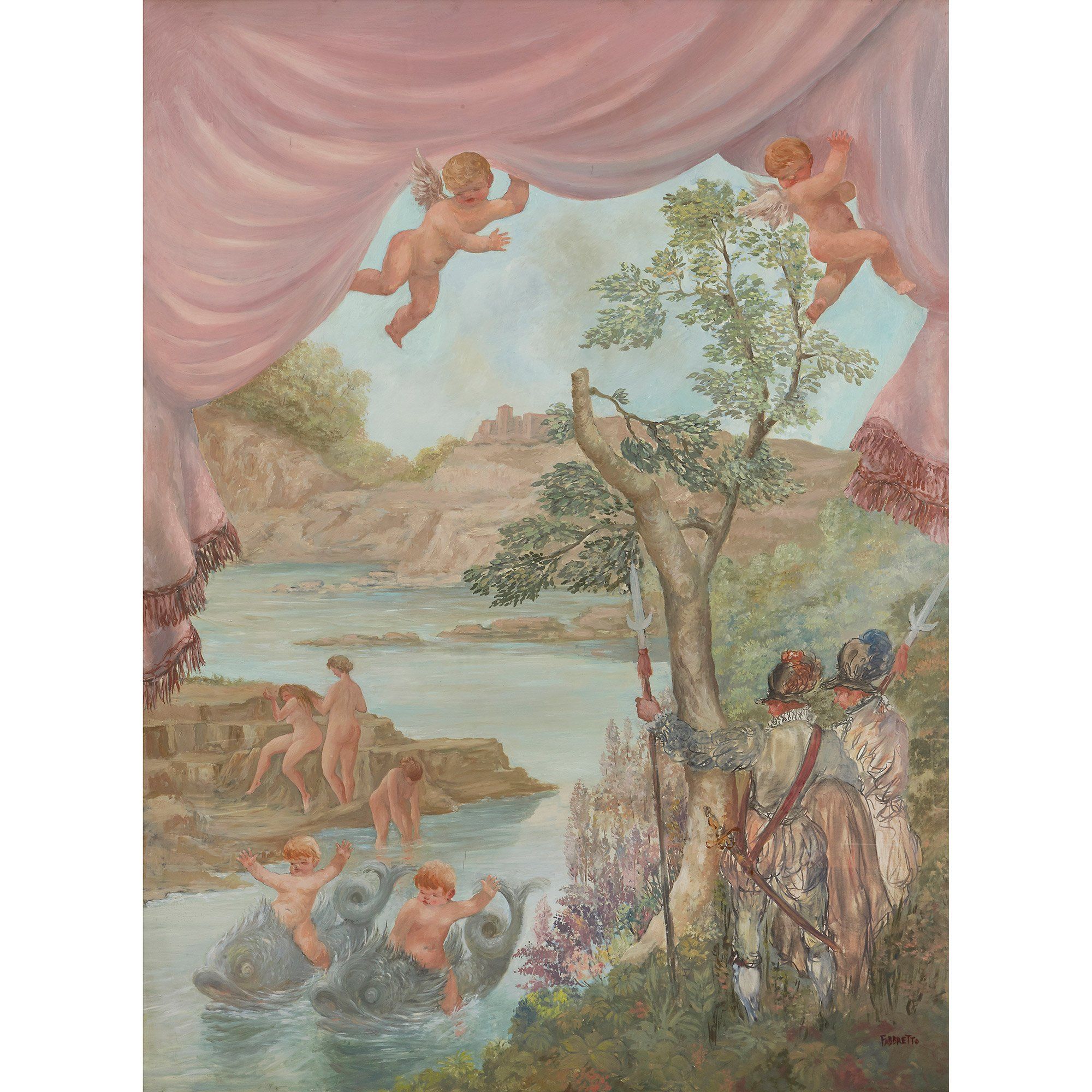 Large Italian Oil Painting Of Bathing Nymphs By Fabbretto