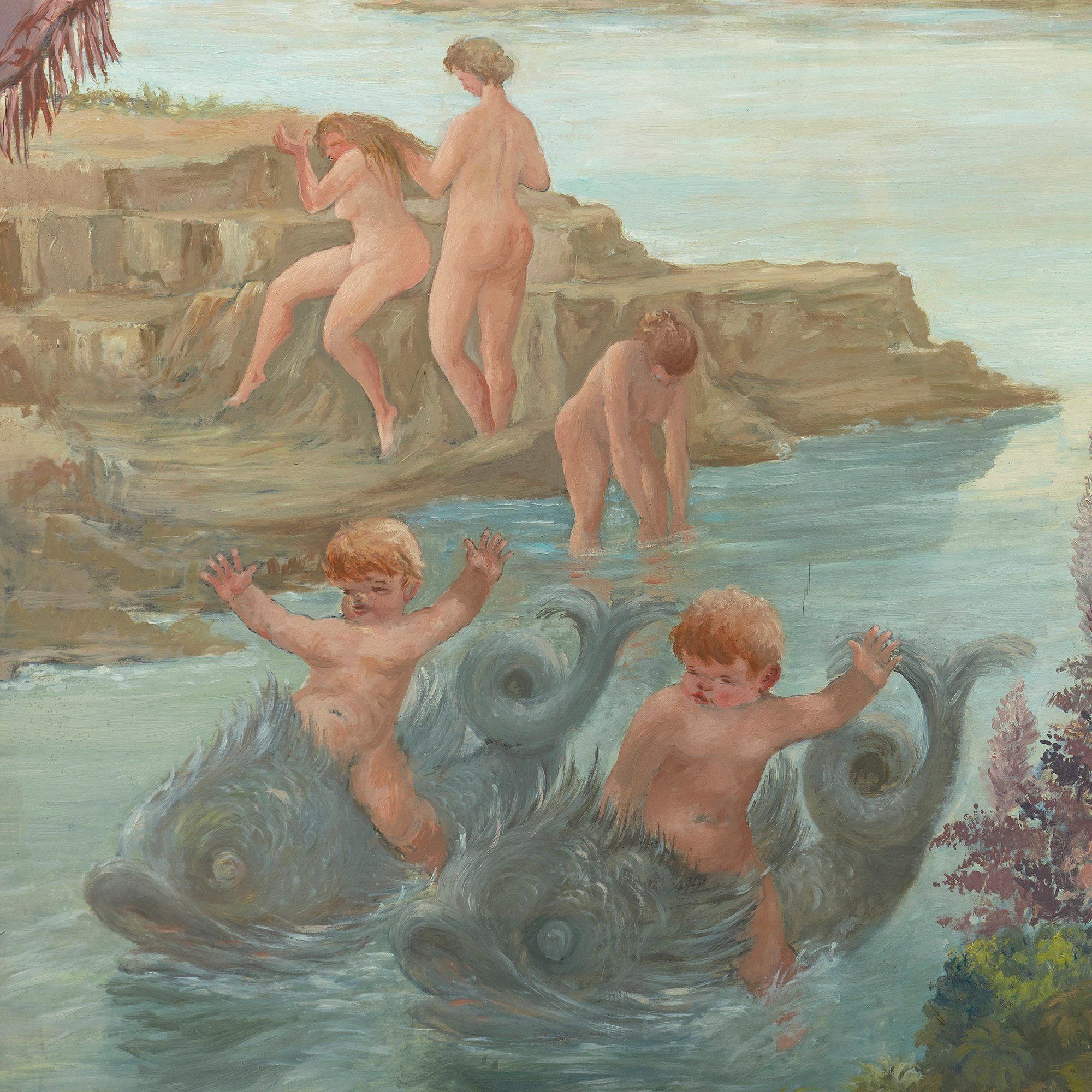 Large Italian Oil Painting Of Bathing Nymphs By Fabbretto
