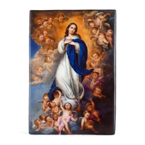 Painted porcelain antique plaque depicting the Virgin Mary