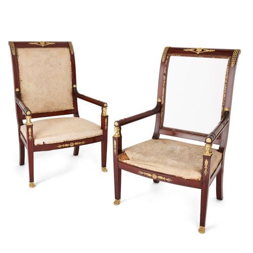 Pair of Empire style ormolu mounted mahogany fauteuils