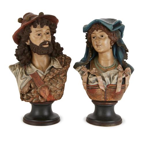 Pair of Austrian antique terracotta busts of a man and woman