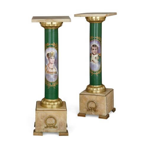 Pair of ormolu, marble, and Sèvres style porcelain pedestals