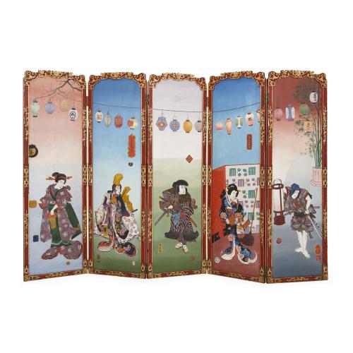 Antique Japonisme wooden folding screen with five panels