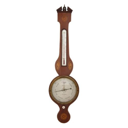 Exotic wood marquetry antique barometer and thermometer