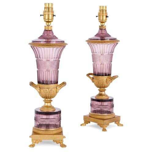 Pair of Louis XVI style ormolu and amethyst crystal lamps