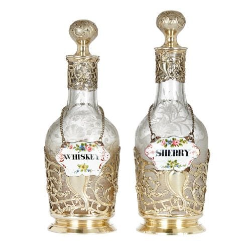 Pair of silver mounted antique crystal decanters by Tétard