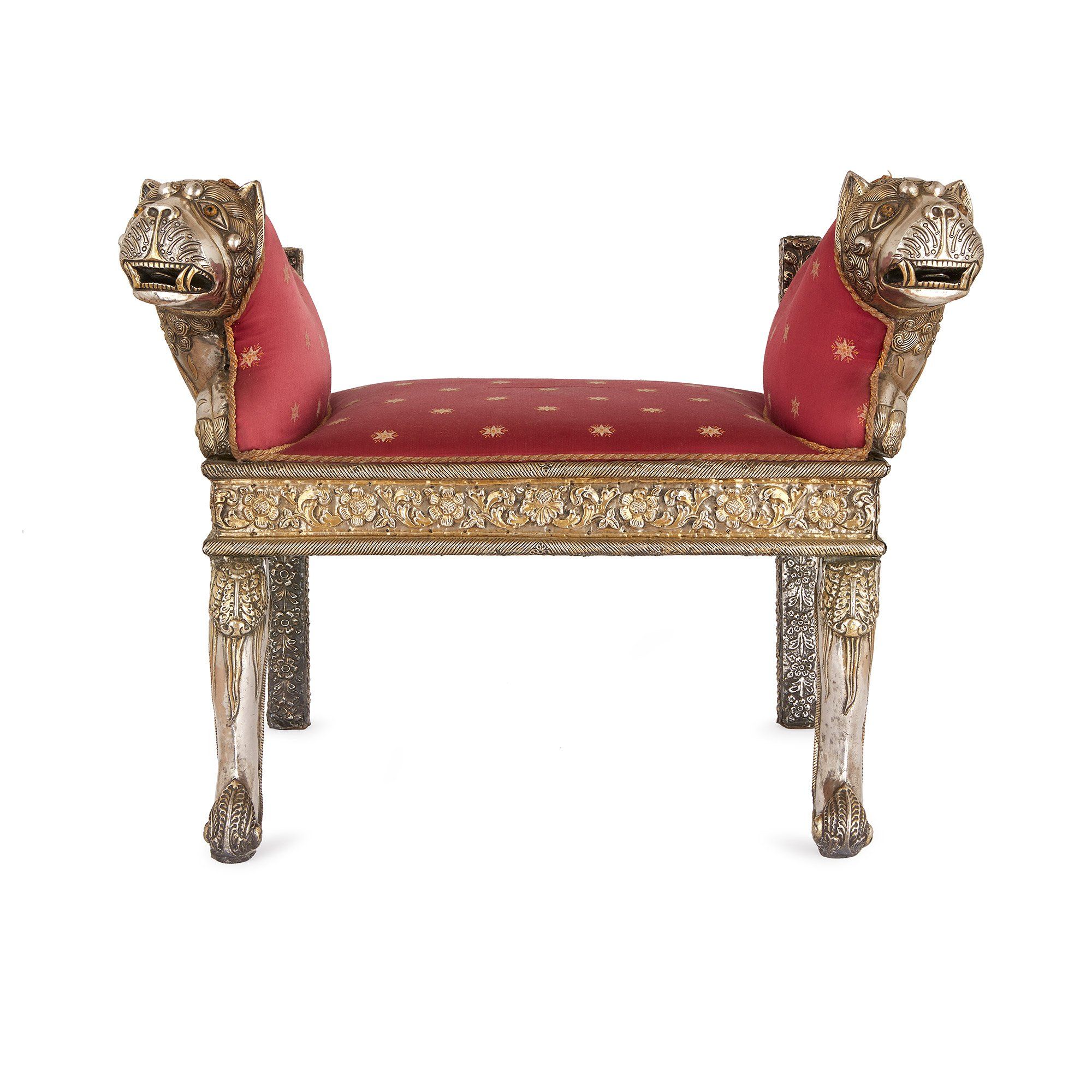 Antique Indian Silver Bench With Tiger Form Armrests Mayfair Gallery