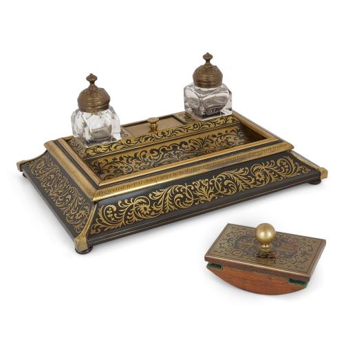 Victorian ebonised wood and brass Boulle marquetry inkstand
