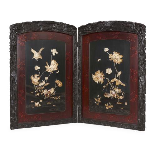 Japanese Meiji period folding carved wood Shibayama screen
