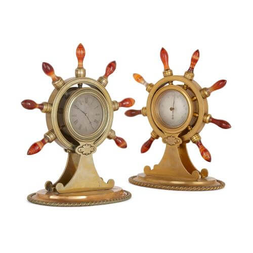 Victorian antique ormolu clock and barometer desk set