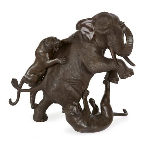 Japanese antique bronze model of an elephant and two tigers