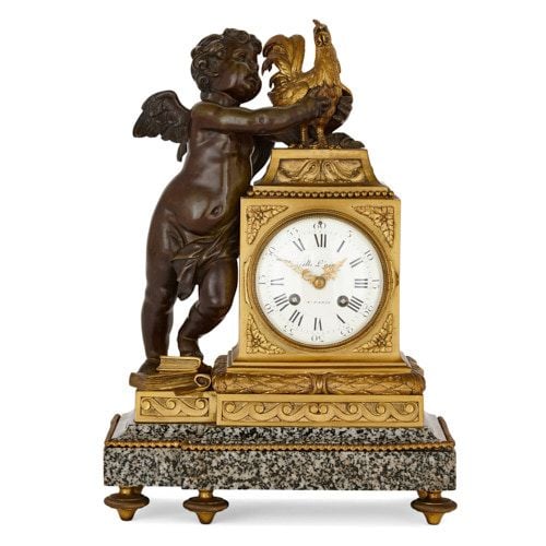 Gilt and patinated bronze mounted marble mantel clock